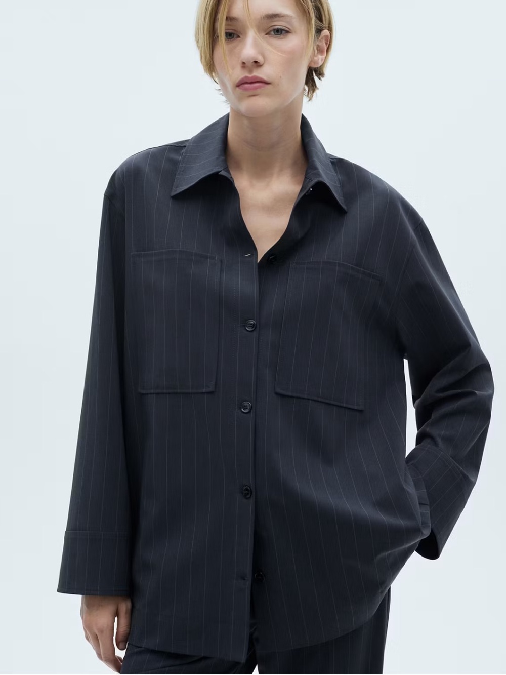Mango Shirt - navy “PINSTRIPE OVERSHIRT”
